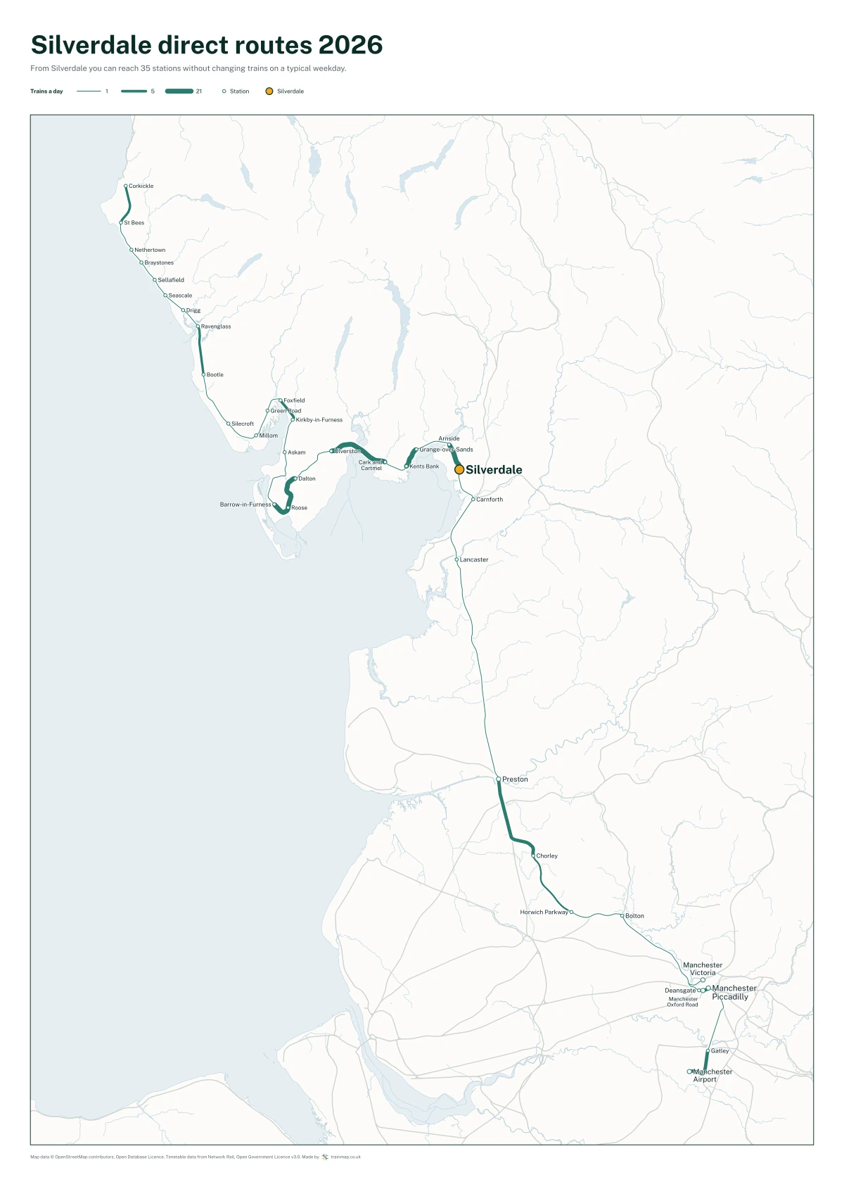 Silverdale direct routes 2026: a map of every station you can reach from Silverdale without changing trains, the lines thicker where more trains run