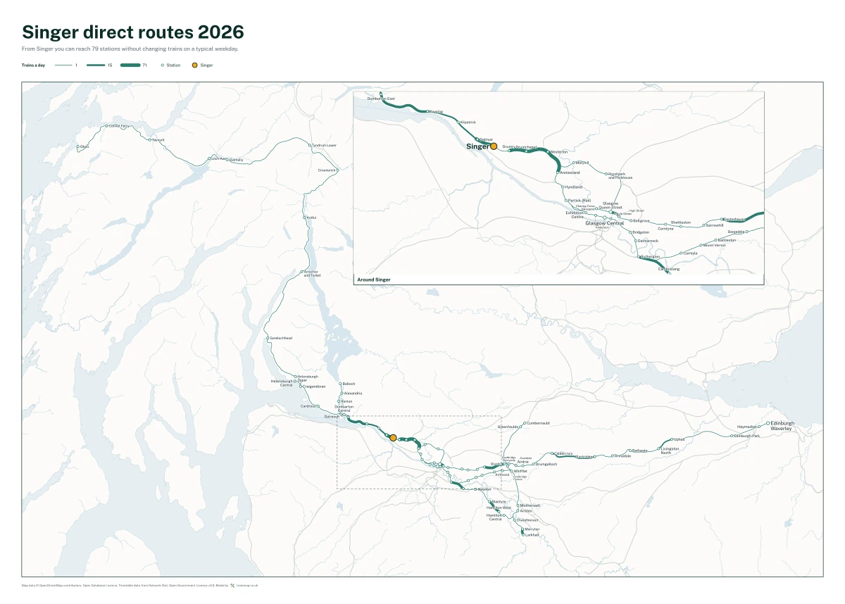 Singer direct routes 2026: a map of every station you can reach from Singer without changing trains, the lines thicker where more trains run