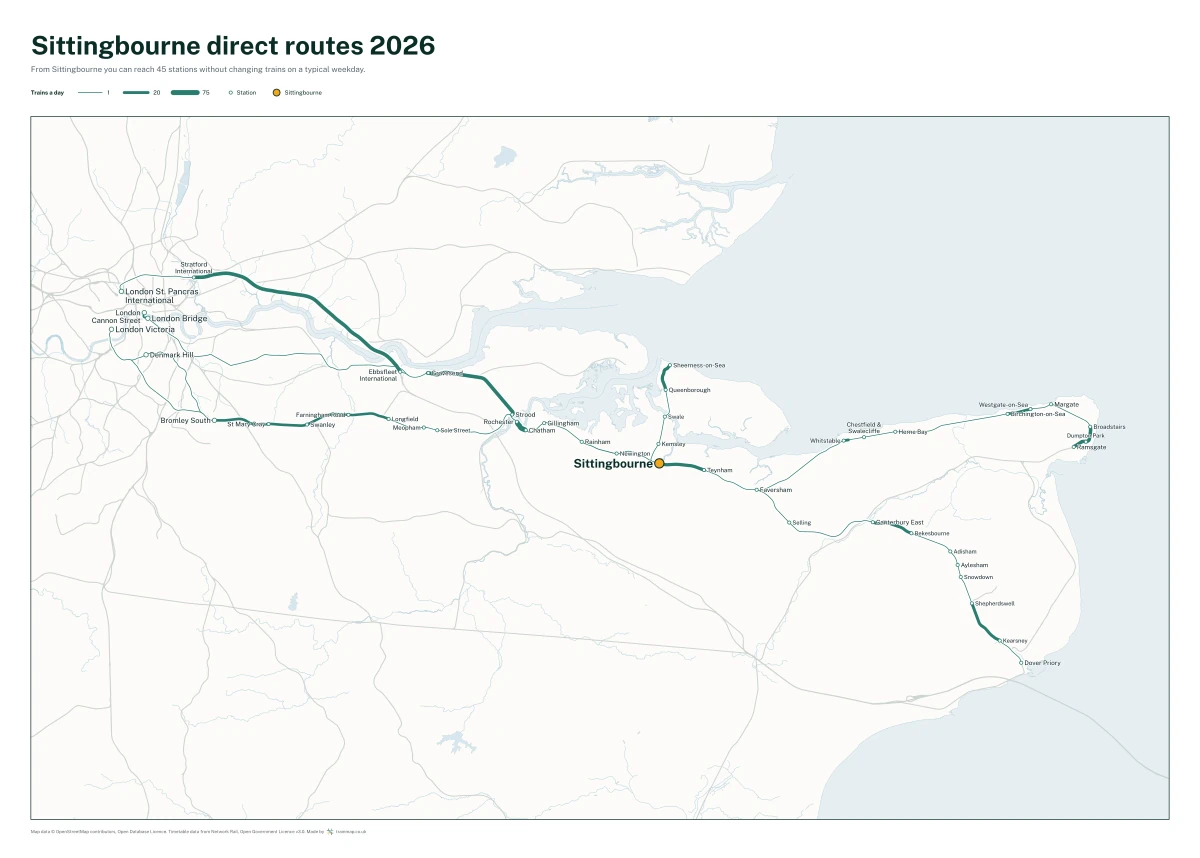 Sittingbourne direct routes 2026: a map of every station you can reach from Sittingbourne without changing trains, the lines thicker where more trains run