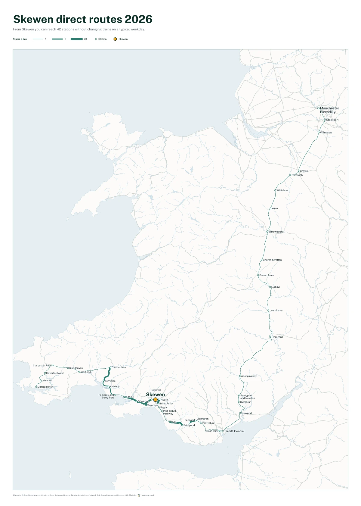Skewen direct routes 2026: a map of every station you can reach from Skewen without changing trains, the lines thicker where more trains run