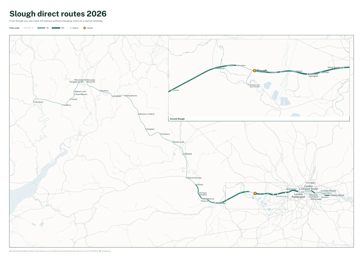 Slough direct routes 2026: a map of every station you can reach from Slough without changing trains, the lines thicker where more trains run