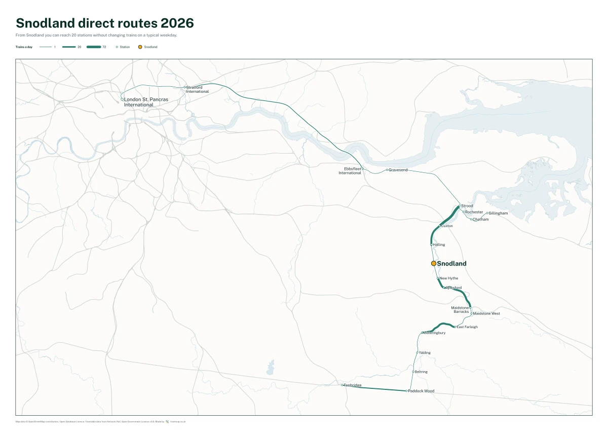 Snodland direct routes 2026: a map of every station you can reach from Snodland without changing trains, the lines thicker where more trains run
