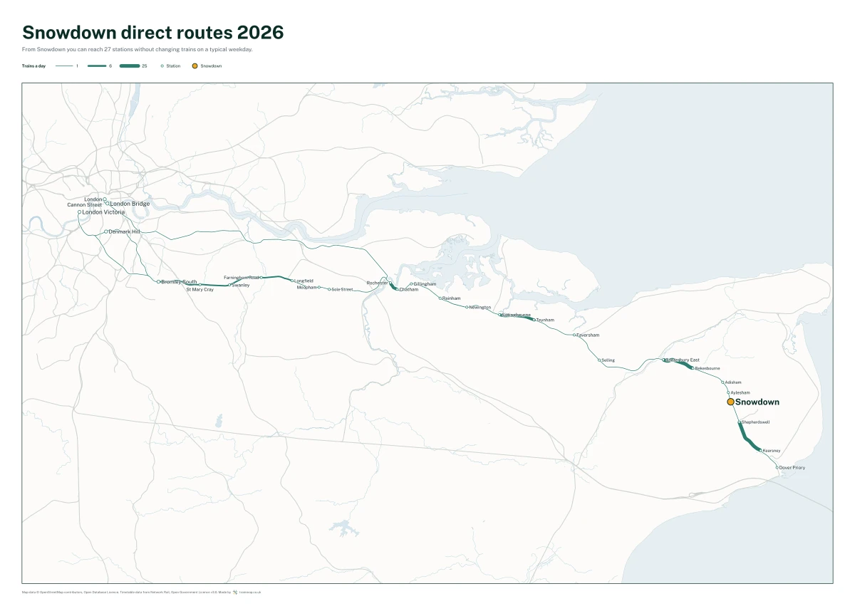 Snowdown direct routes 2026: a map of every station you can reach from Snowdown without changing trains, the lines thicker where more trains run
