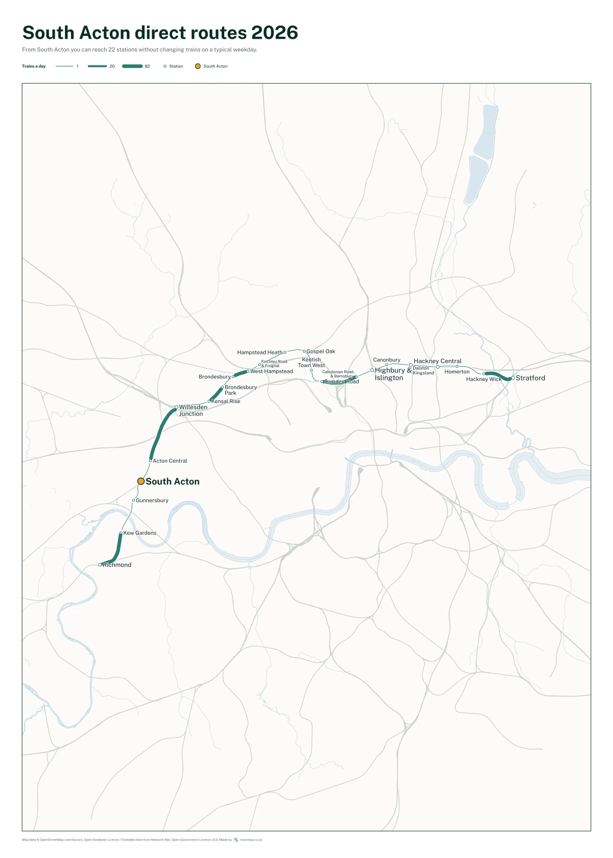 South Acton direct routes 2026: a map of every station you can reach from South Acton without changing trains, the lines thicker where more trains run