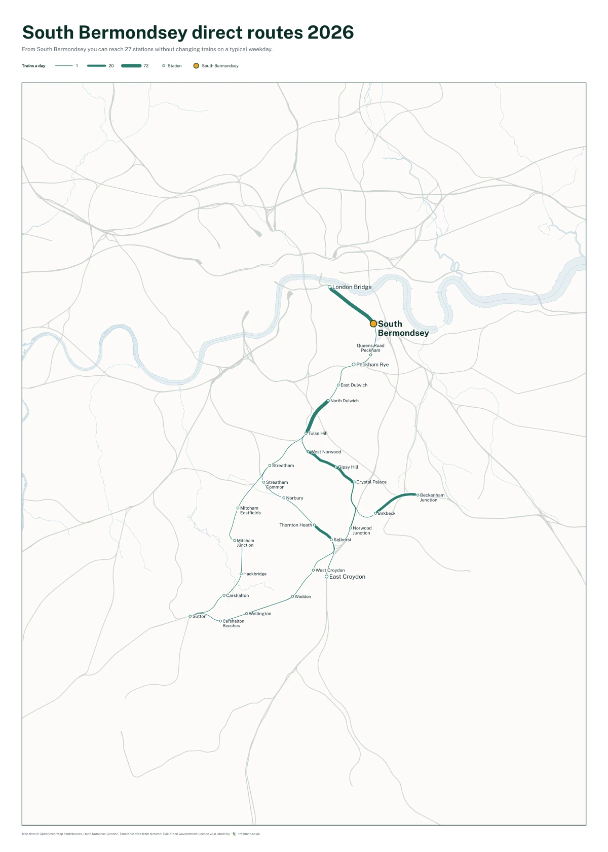 South Bermondsey direct routes 2026: a map of every station you can reach from South Bermondsey without changing trains, the lines thicker where more trains run