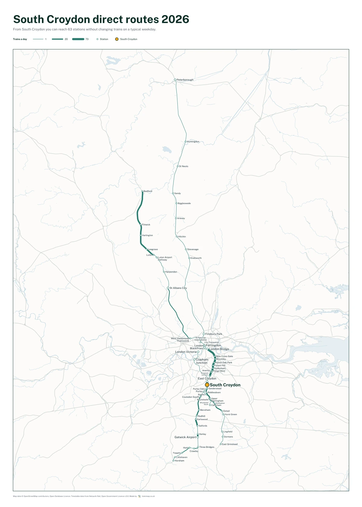 South Croydon direct routes 2026: a map of every station you can reach from South Croydon without changing trains, the lines thicker where more trains run