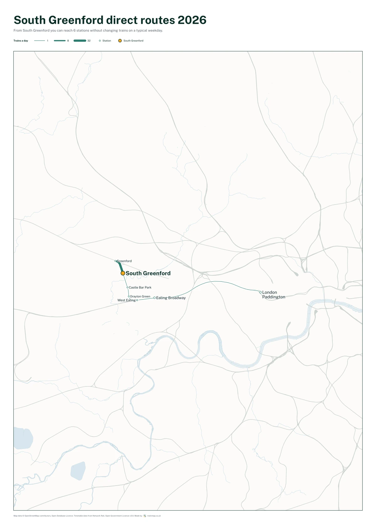 South Greenford direct routes 2026: a map of every station you can reach from South Greenford without changing trains, the lines thicker where more trains run
