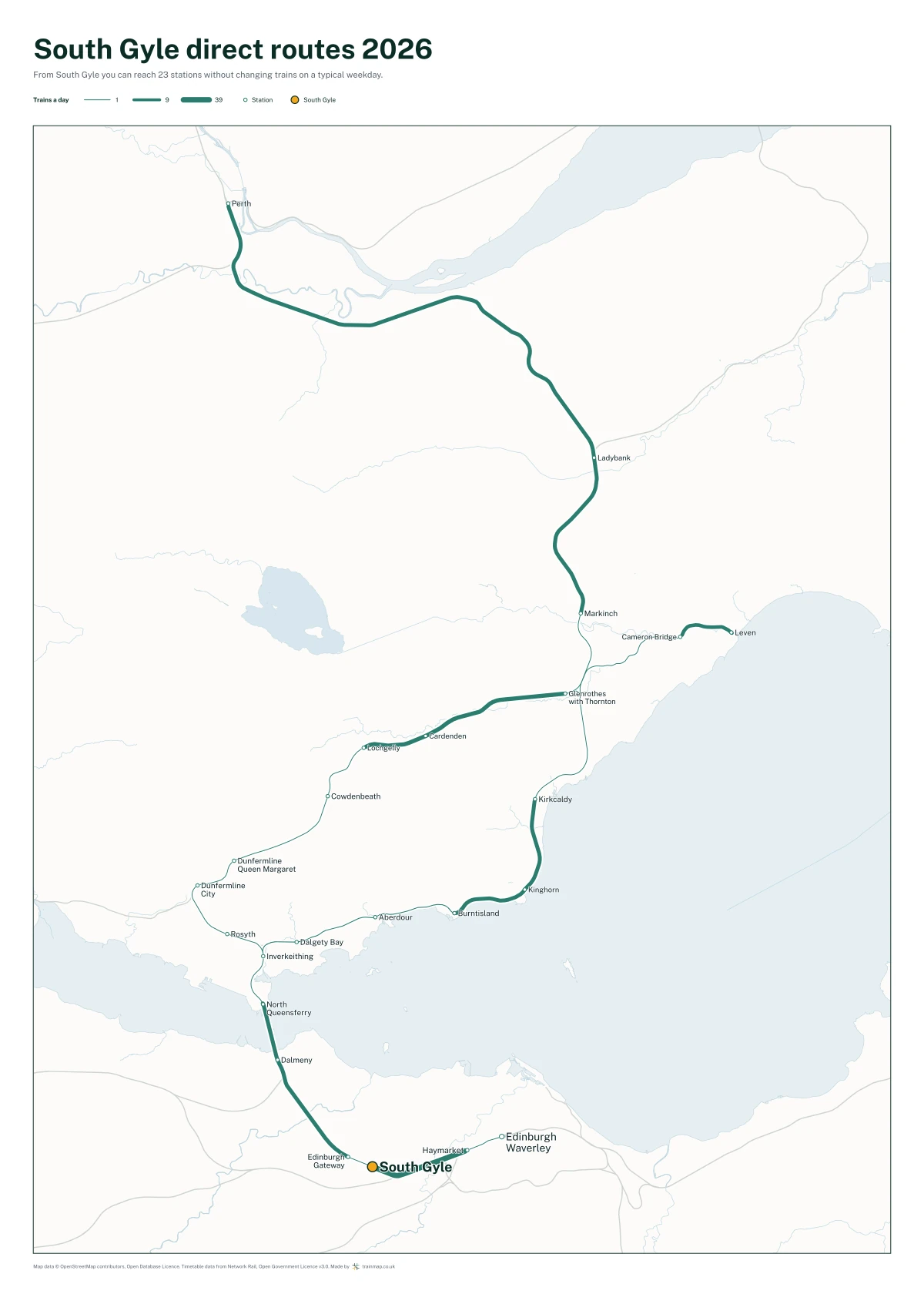 South Gyle direct routes 2026: a map of every station you can reach from South Gyle without changing trains, the lines thicker where more trains run