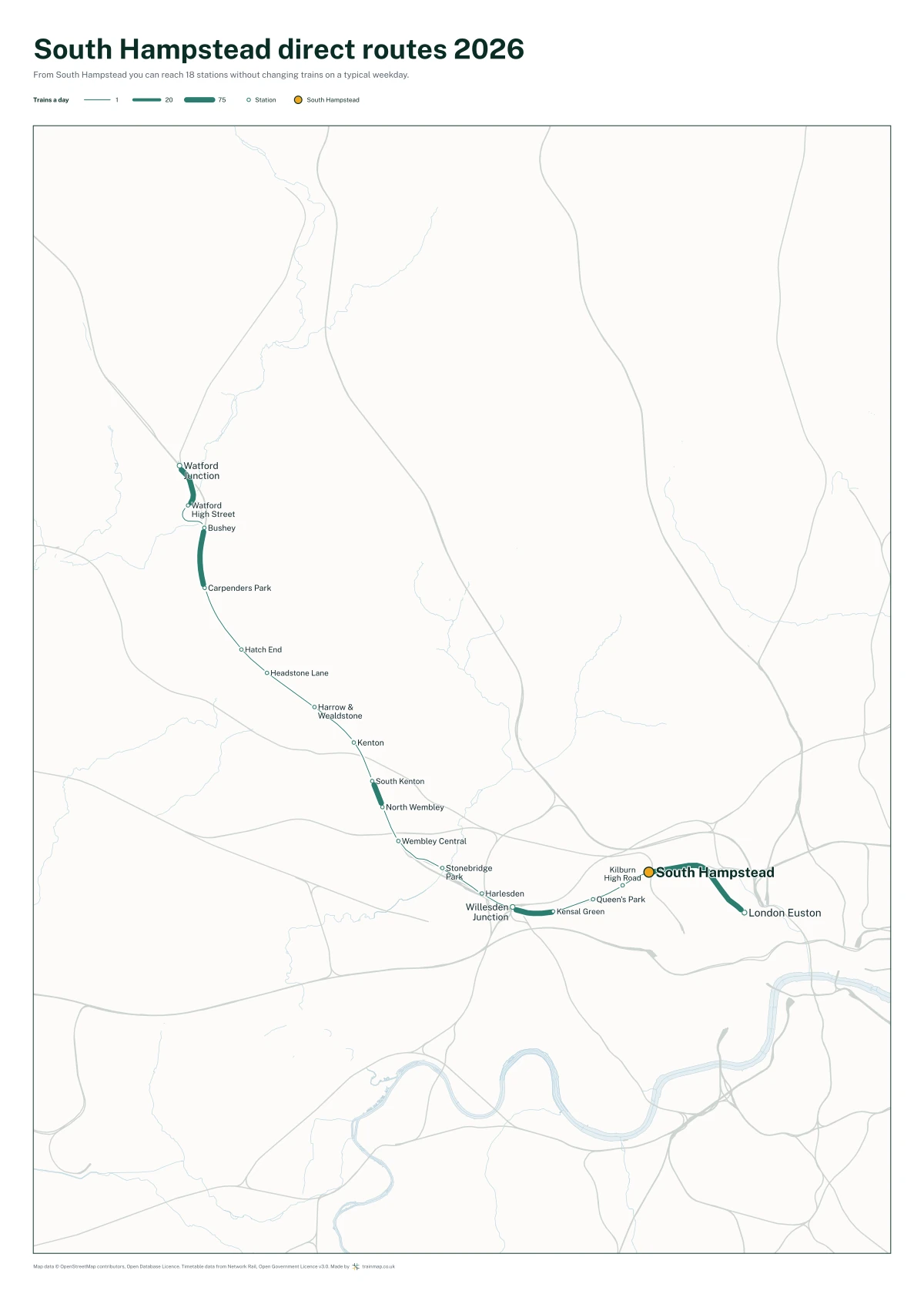 South Hampstead direct routes 2026: a map of every station you can reach from South Hampstead without changing trains, the lines thicker where more trains run