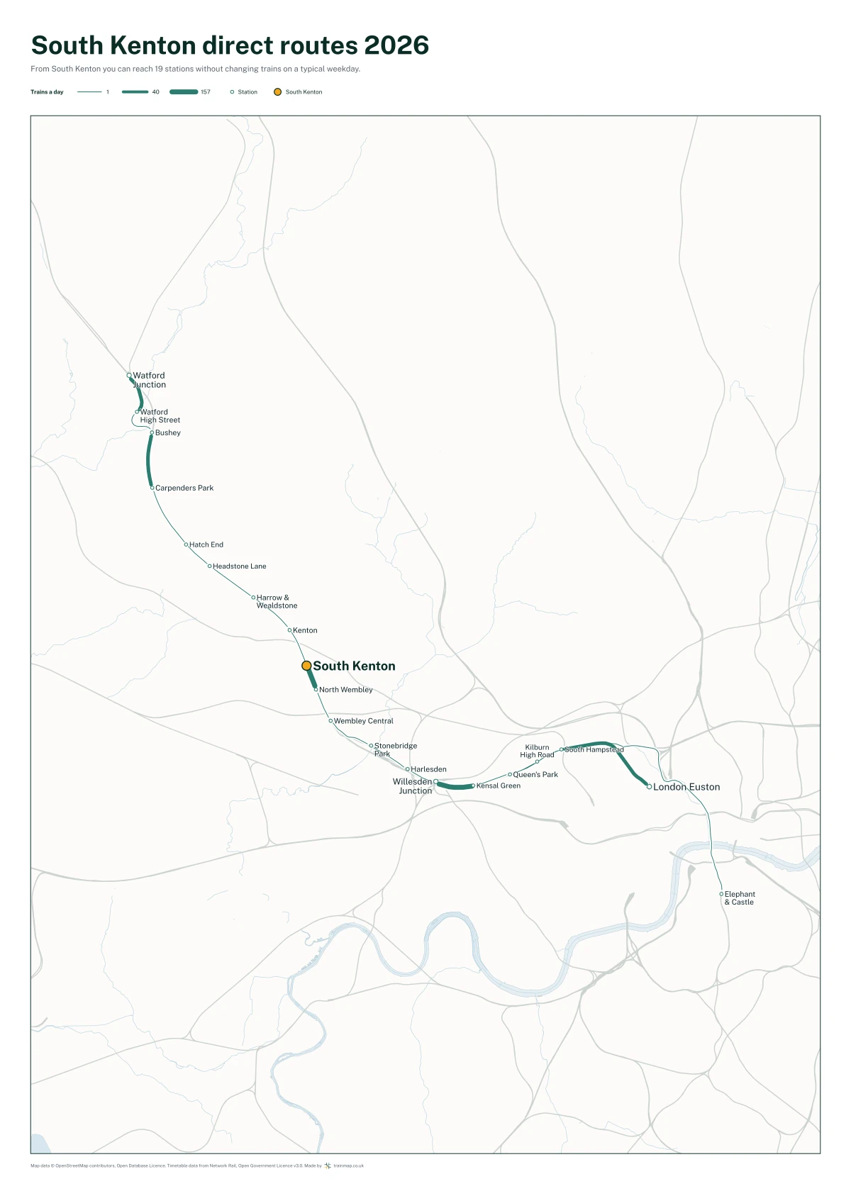 South Kenton direct routes 2026: a map of every station you can reach from South Kenton without changing trains, the lines thicker where more trains run
