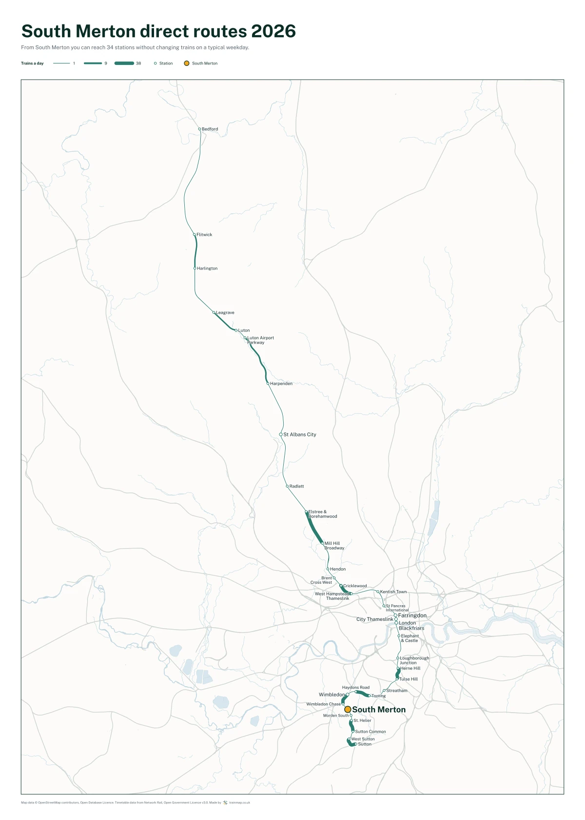 South Merton direct routes 2026: a map of every station you can reach from South Merton without changing trains, the lines thicker where more trains run