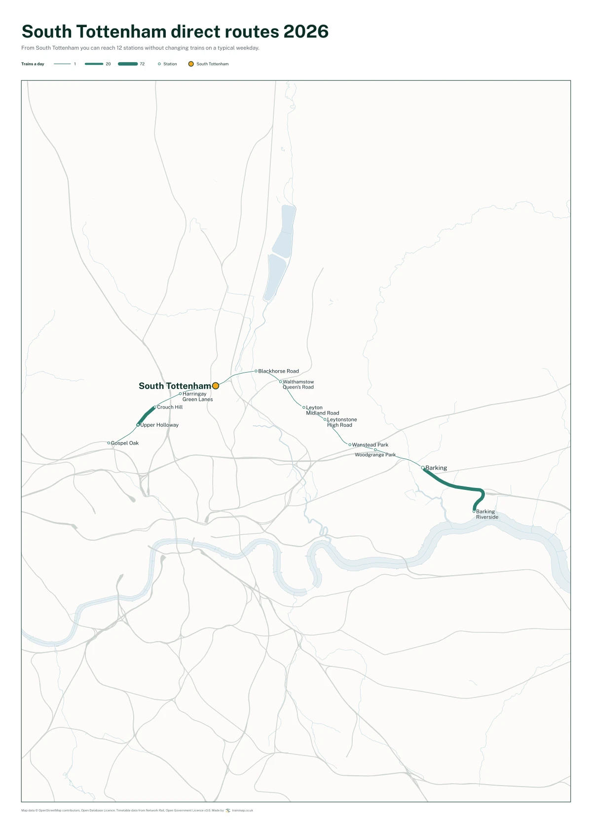 South Tottenham direct routes 2026: a map of every station you can reach from South Tottenham without changing trains, the lines thicker where more trains run