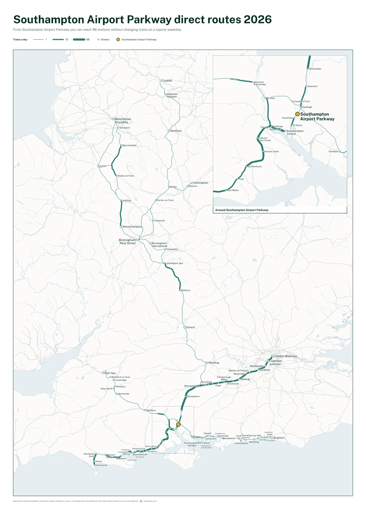 Southampton Airport Parkway direct routes 2026: a map of every station you can reach from Southampton Airport Parkway without changing trains, the lines thicker where more trains run