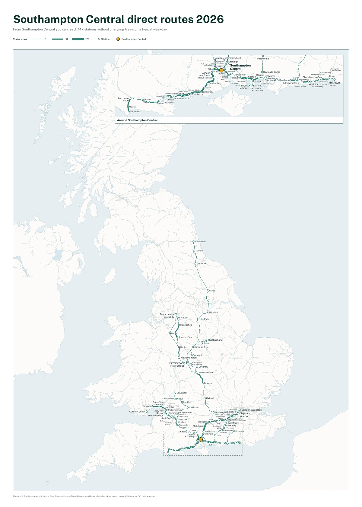 Southampton Central direct routes 2026: a map of every station you can reach from Southampton Central without changing trains, the lines thicker where more trains run