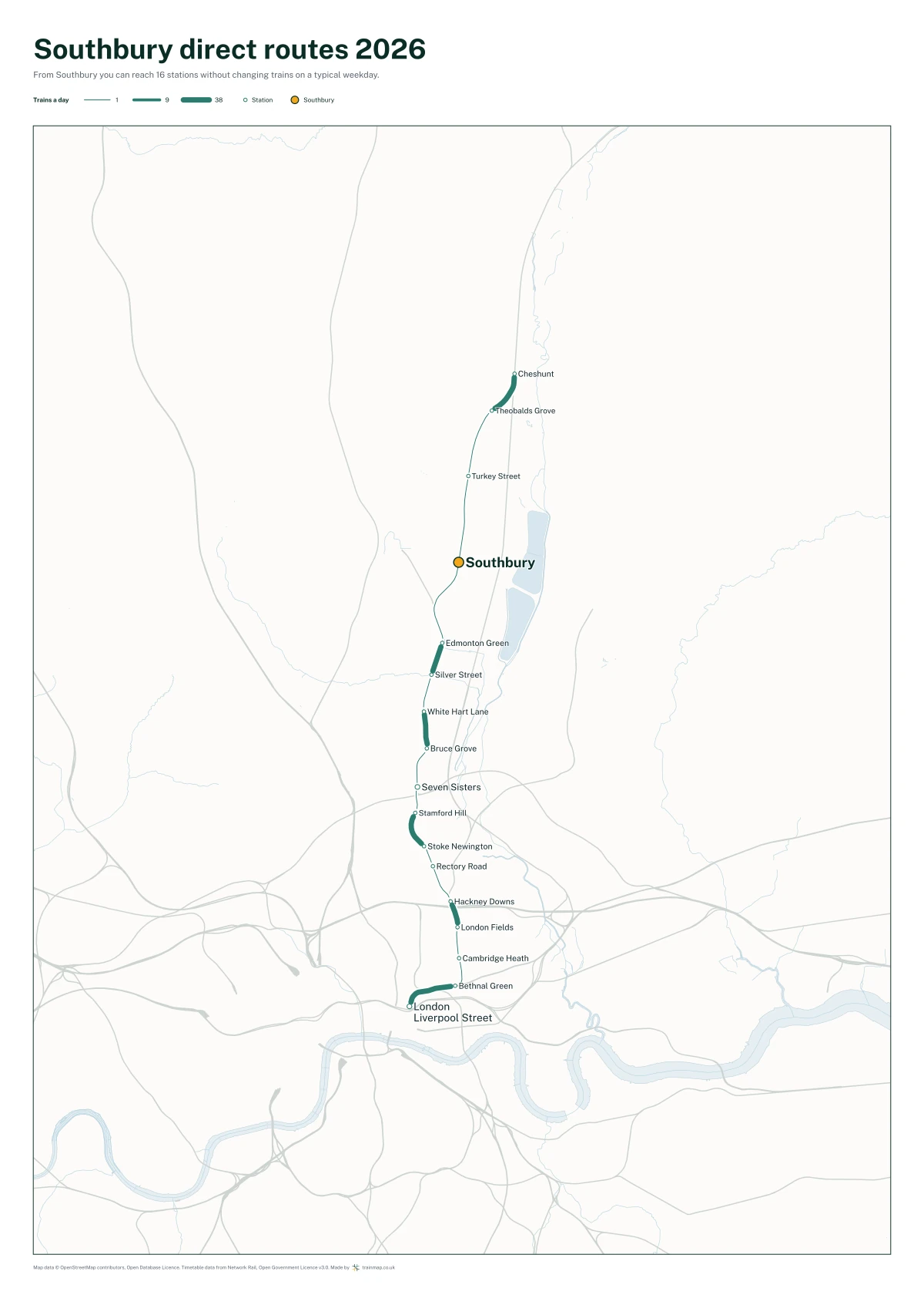 Southbury direct routes 2026: a map of every station you can reach from Southbury without changing trains, the lines thicker where more trains run
