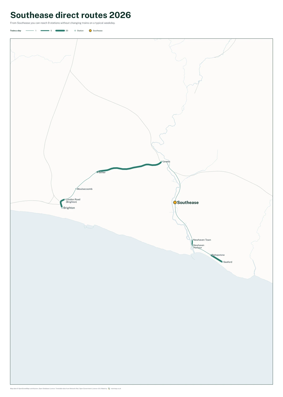 Southease direct routes 2026: a map of every station you can reach from Southease without changing trains, the lines thicker where more trains run