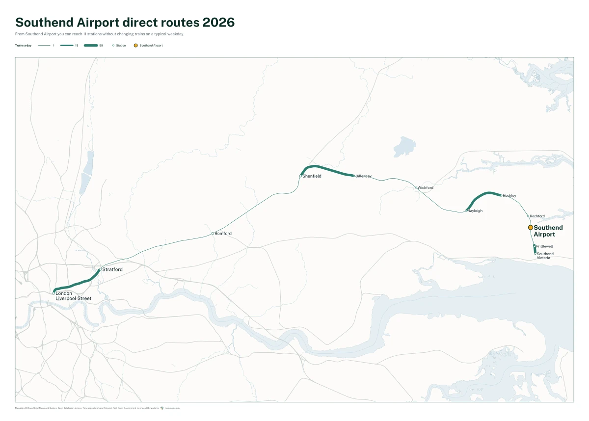 Southend Airport direct routes 2026: a map of every station you can reach from Southend Airport without changing trains, the lines thicker where more trains run