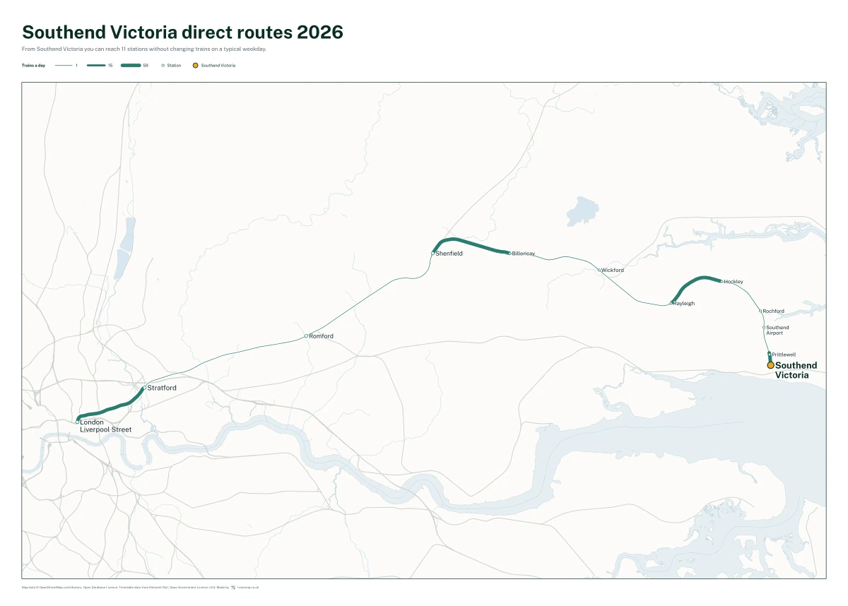 Southend Victoria direct routes 2026: a map of every station you can reach from Southend Victoria without changing trains, the lines thicker where more trains run
