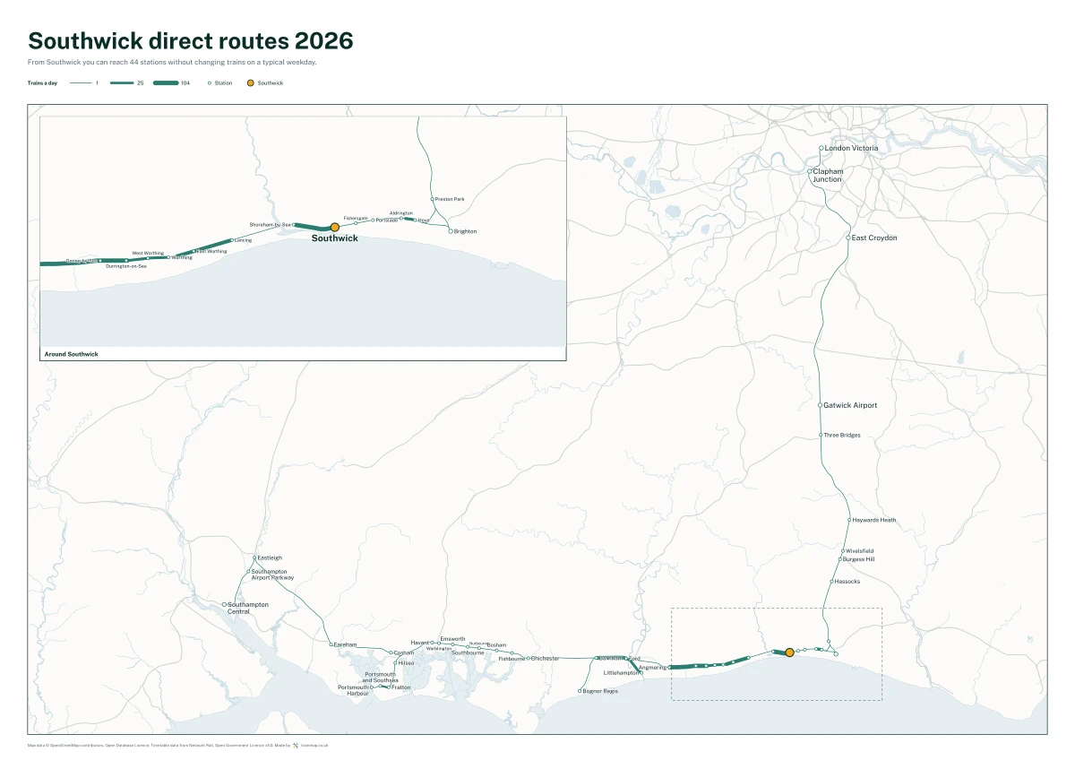 Southwick direct routes 2026: a map of every station you can reach from Southwick without changing trains, the lines thicker where more trains run