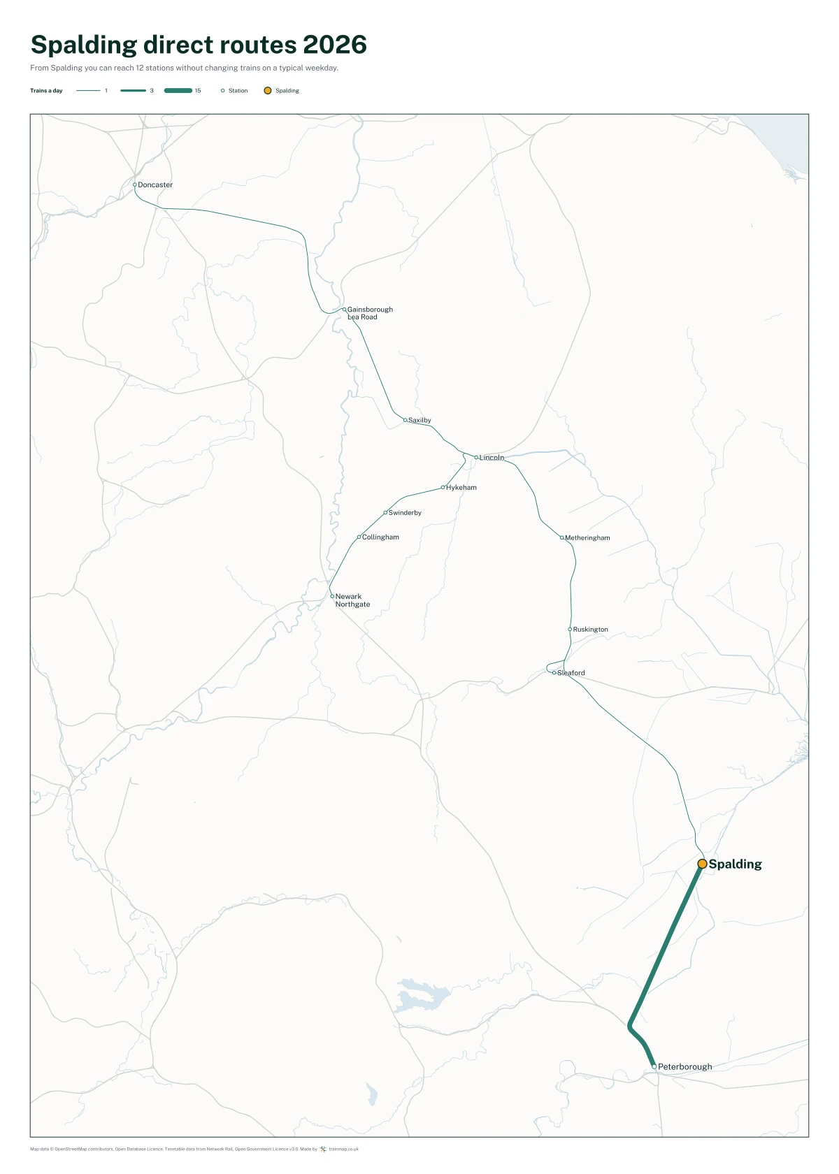 Spalding direct routes 2026: a map of every station you can reach from Spalding without changing trains, the lines thicker where more trains run