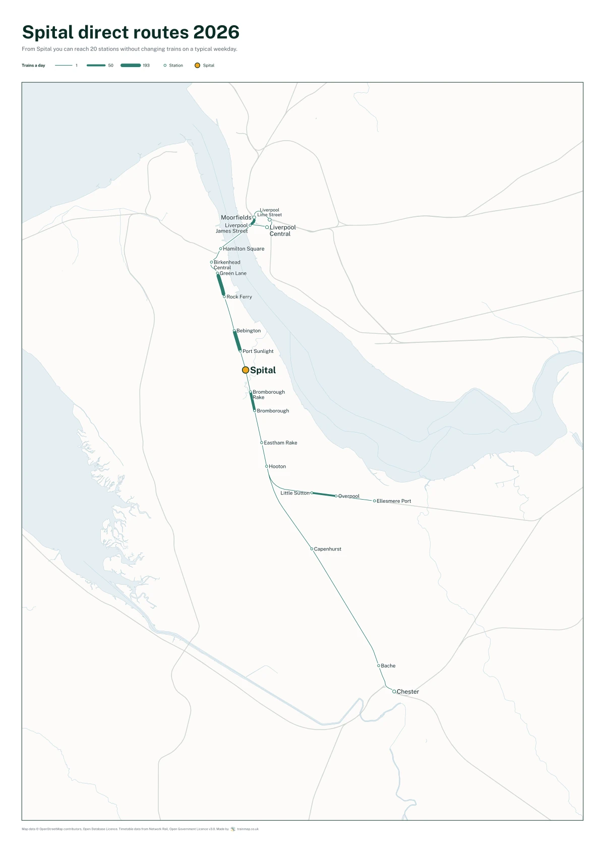 Spital direct routes 2026: a map of every station you can reach from Spital without changing trains, the lines thicker where more trains run