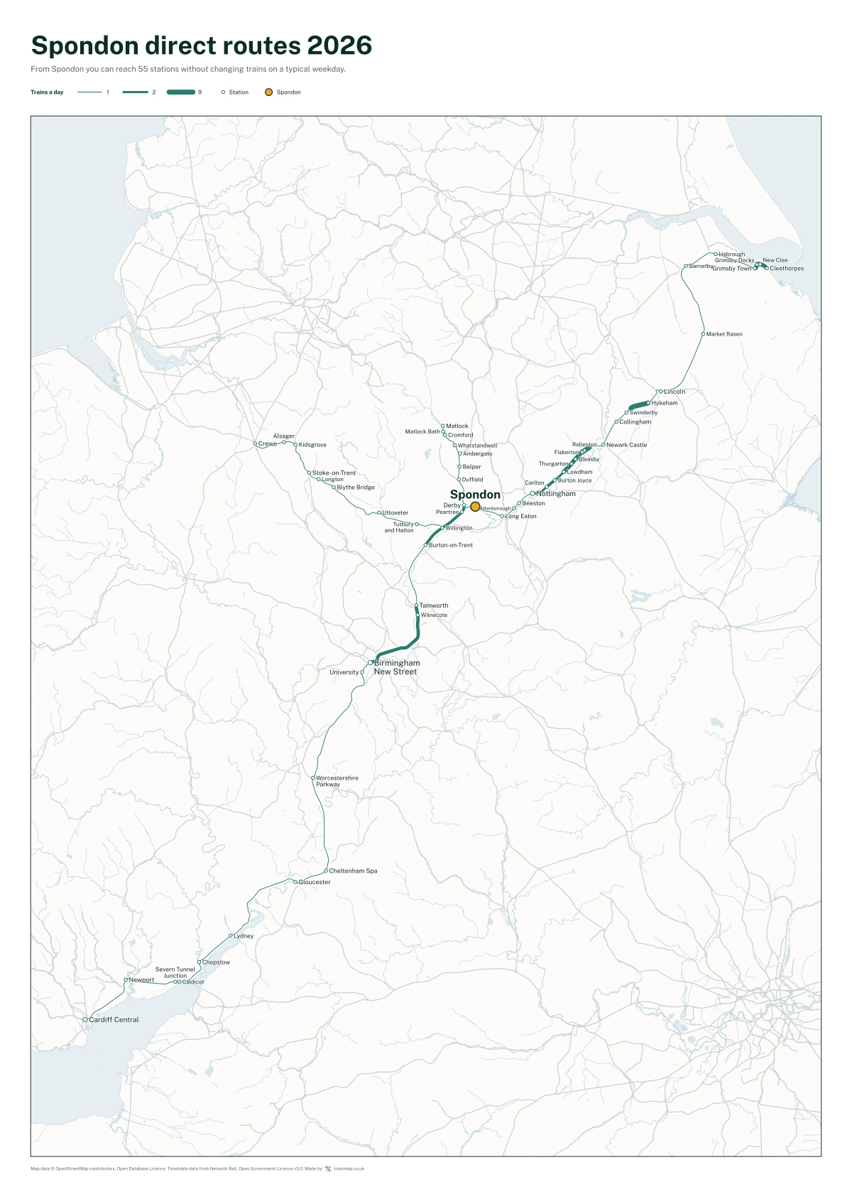 Spondon direct routes 2026: a map of every station you can reach from Spondon without changing trains, the lines thicker where more trains run