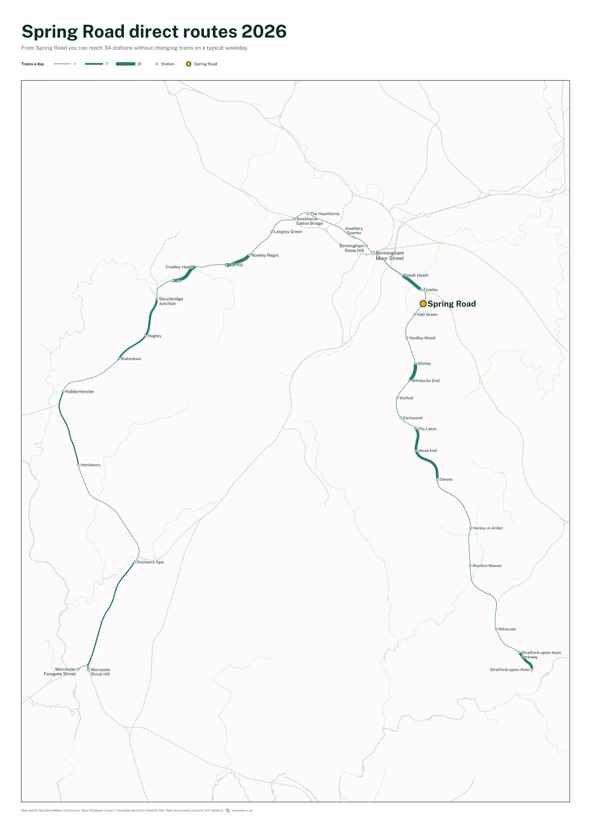 Spring Road direct routes 2026: a map of every station you can reach from Spring Road without changing trains, the lines thicker where more trains run