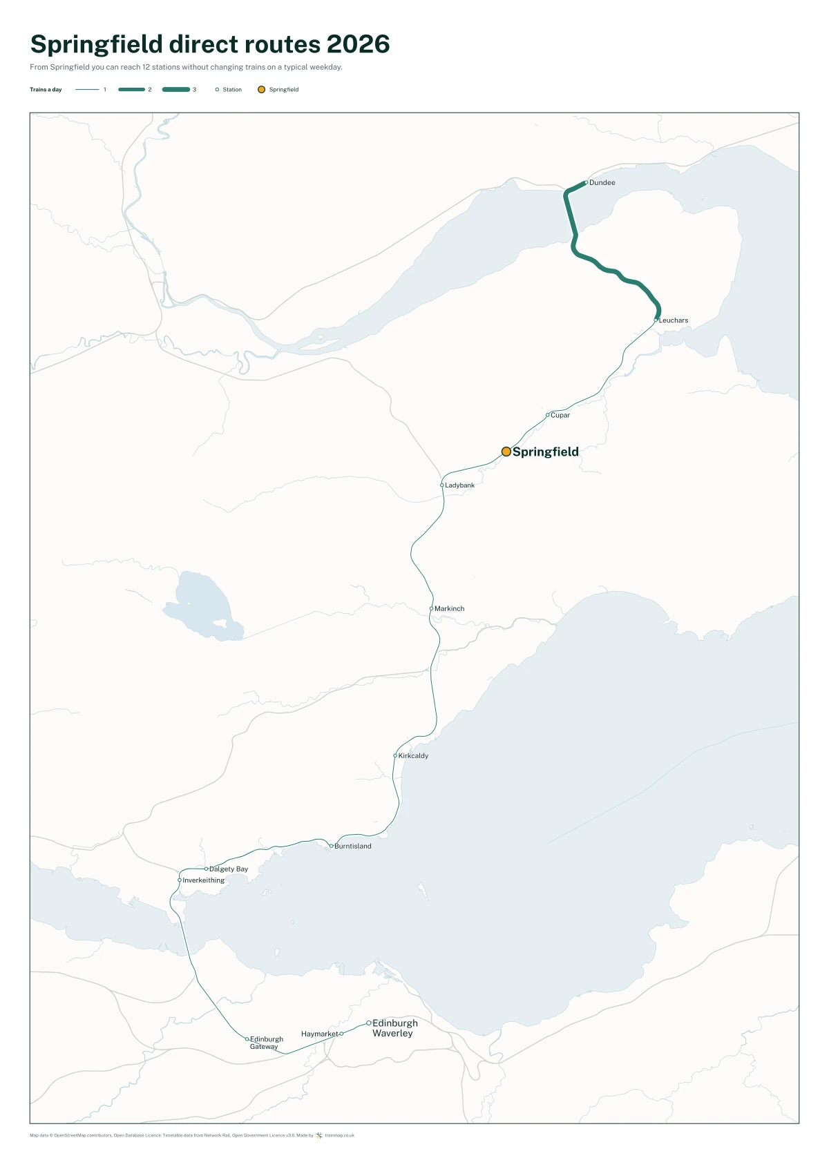 Springfield direct routes 2026: a map of every station you can reach from Springfield without changing trains, the lines thicker where more trains run