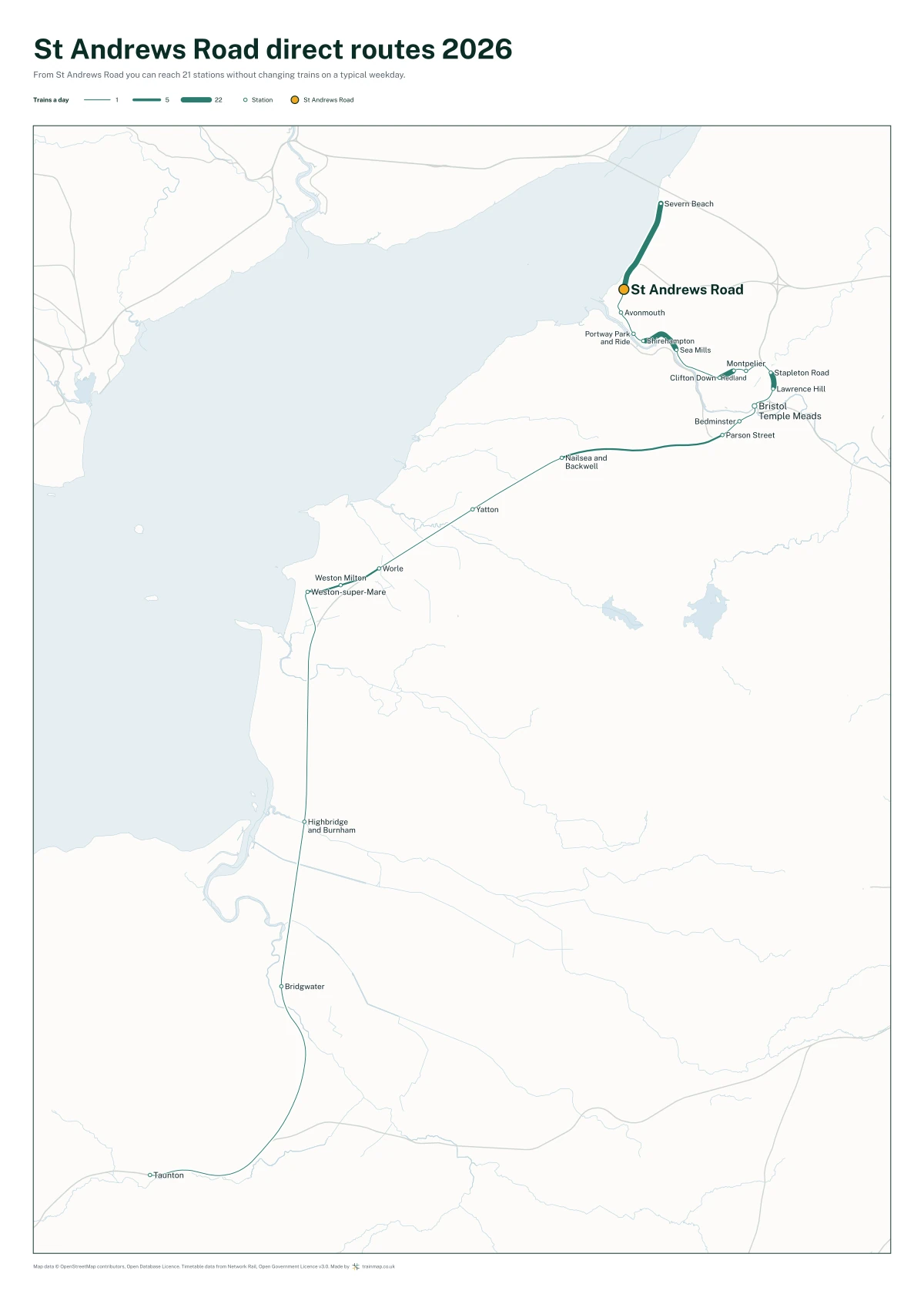 St Andrews Road direct routes 2026: a map of every station you can reach from St Andrews Road without changing trains, the lines thicker where more trains run