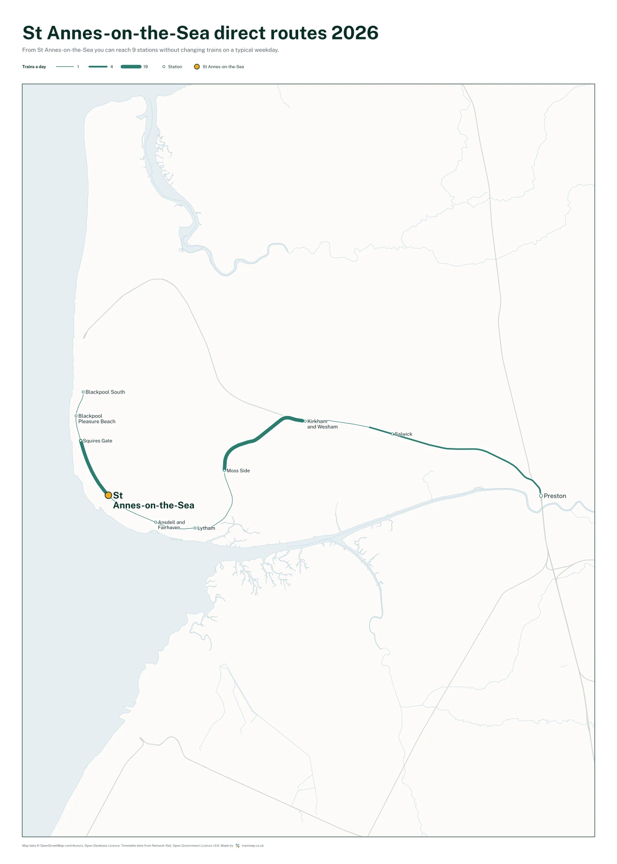 St Annes-on-the-Sea direct routes 2026: a map of every station you can reach from St Annes-on-the-Sea without changing trains, the lines thicker where more trains run