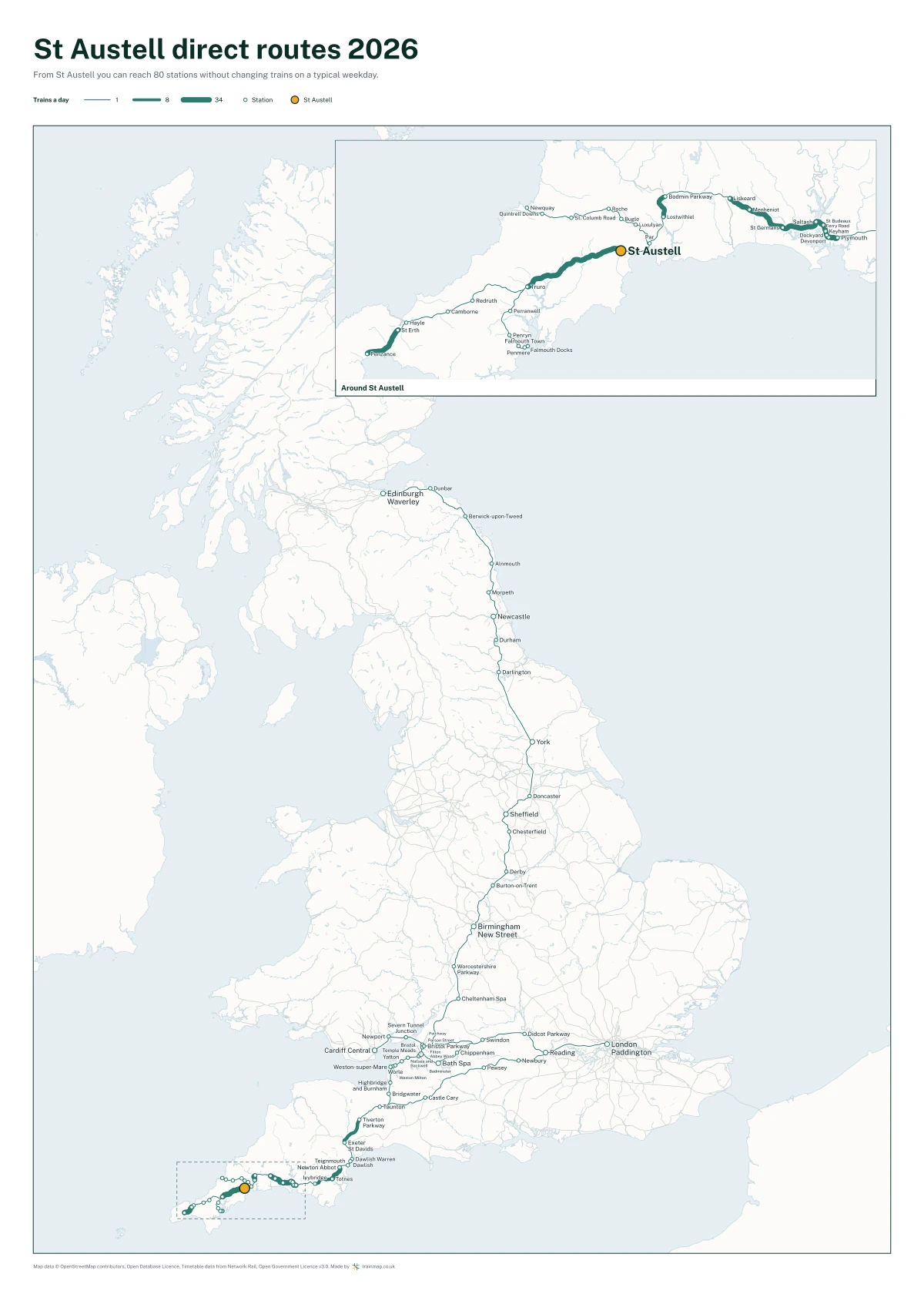 St Austell direct routes 2026: a map of every station you can reach from St Austell without changing trains, the lines thicker where more trains run