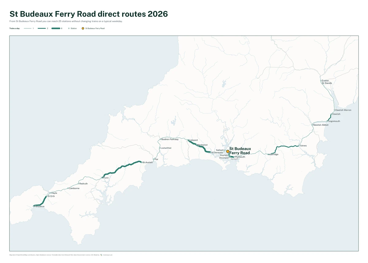 St Budeaux Ferry Road direct routes 2026: a map of every station you can reach from St Budeaux Ferry Road without changing trains, the lines thicker where more trains run
