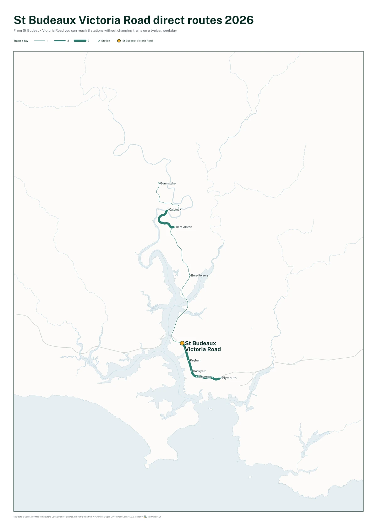 St Budeaux Victoria Road direct routes 2026: a map of every station you can reach from St Budeaux Victoria Road without changing trains, the lines thicker where more trains run