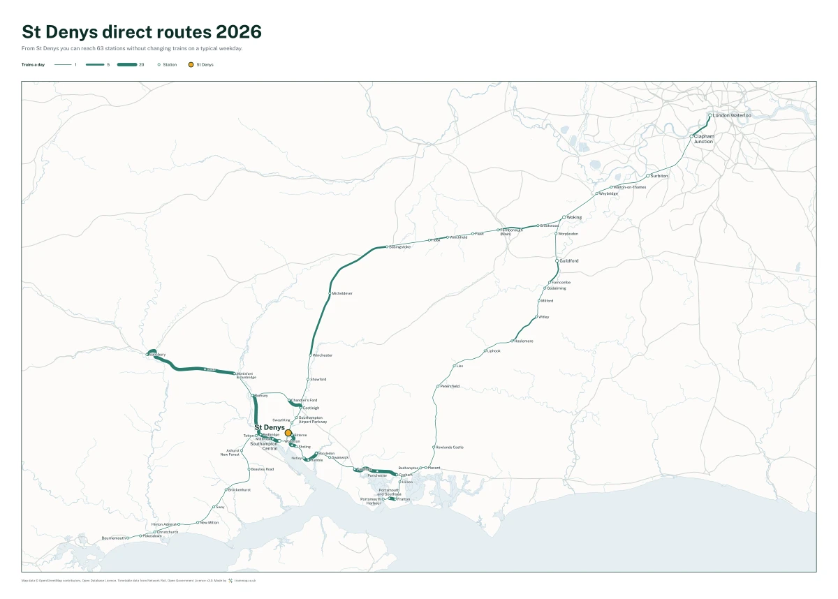 St Denys direct routes 2026: a map of every station you can reach from St Denys without changing trains, the lines thicker where more trains run