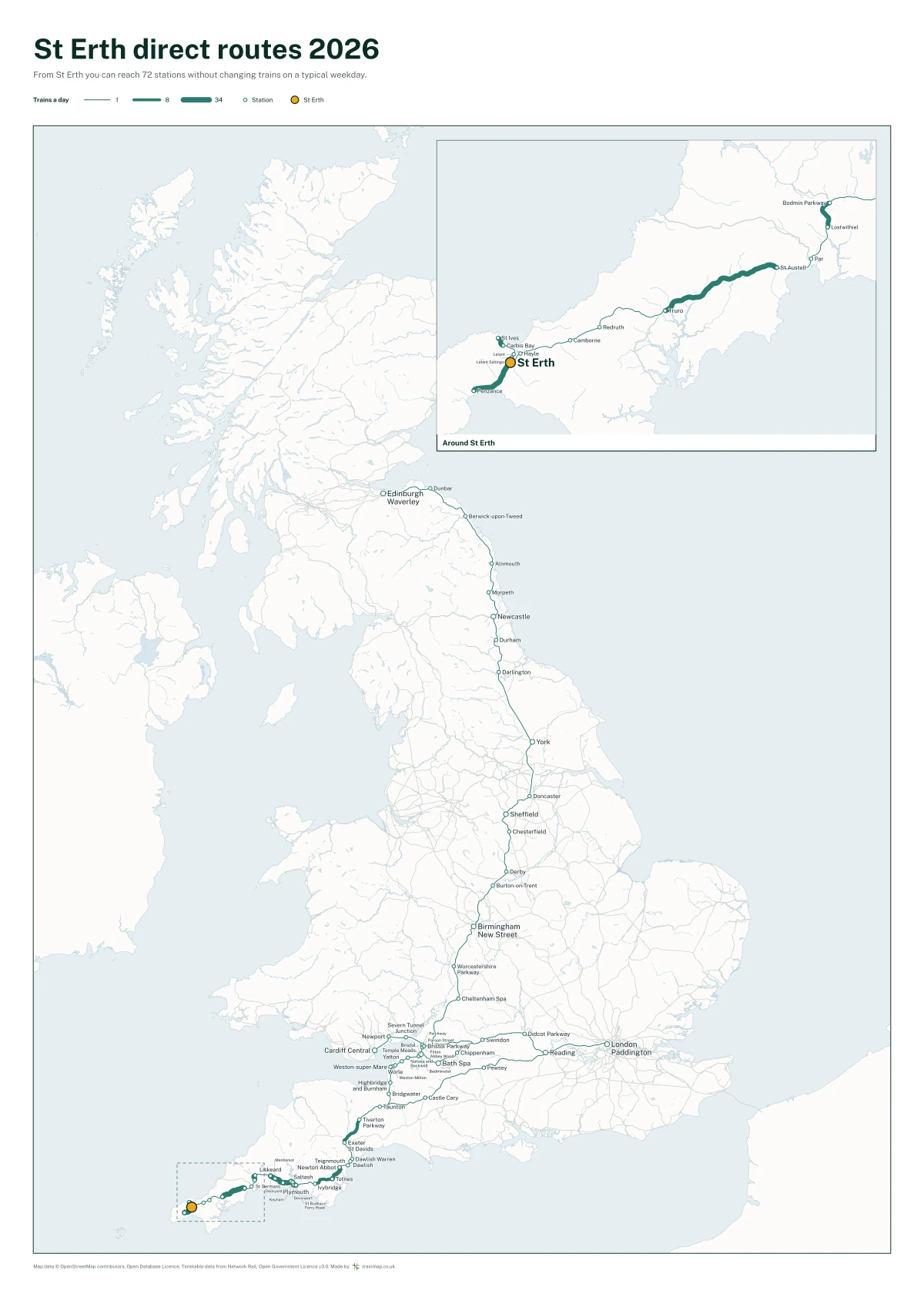 St Erth direct routes 2026: a map of every station you can reach from St Erth without changing trains, the lines thicker where more trains run