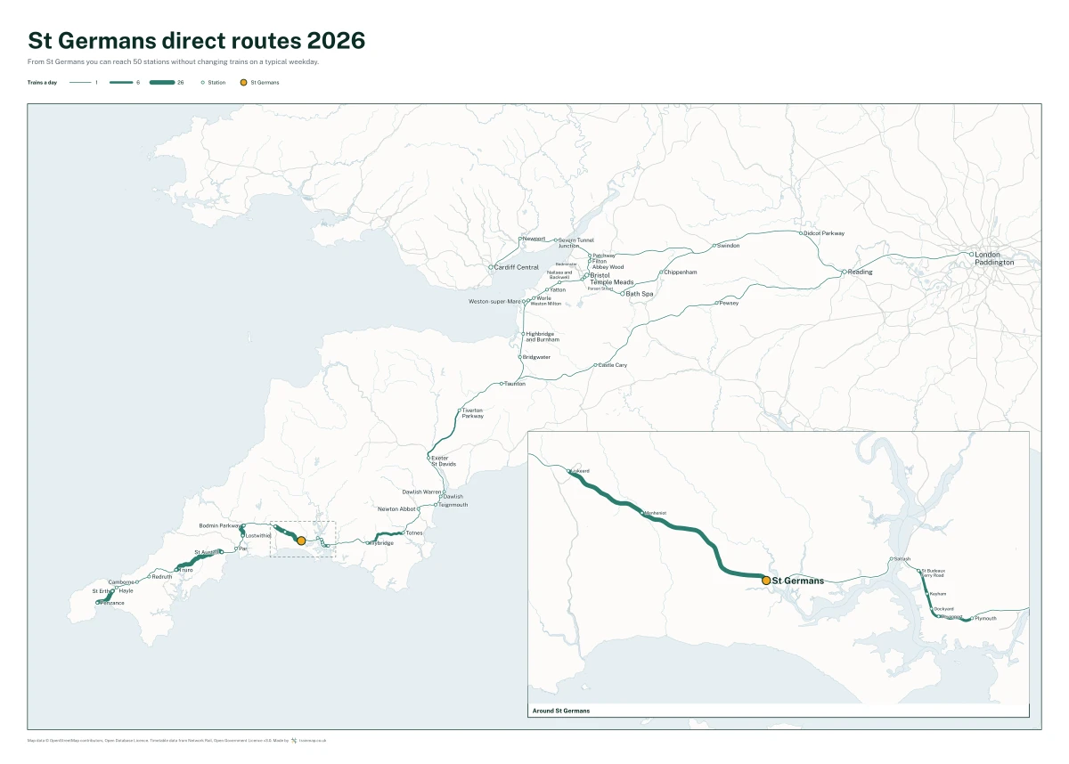 St Germans direct routes 2026: a map of every station you can reach from St Germans without changing trains, the lines thicker where more trains run