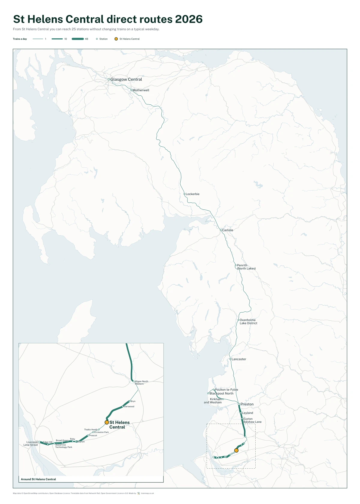 St Helens Central direct routes 2026: a map of every station you can reach from St Helens Central without changing trains, the lines thicker where more trains run