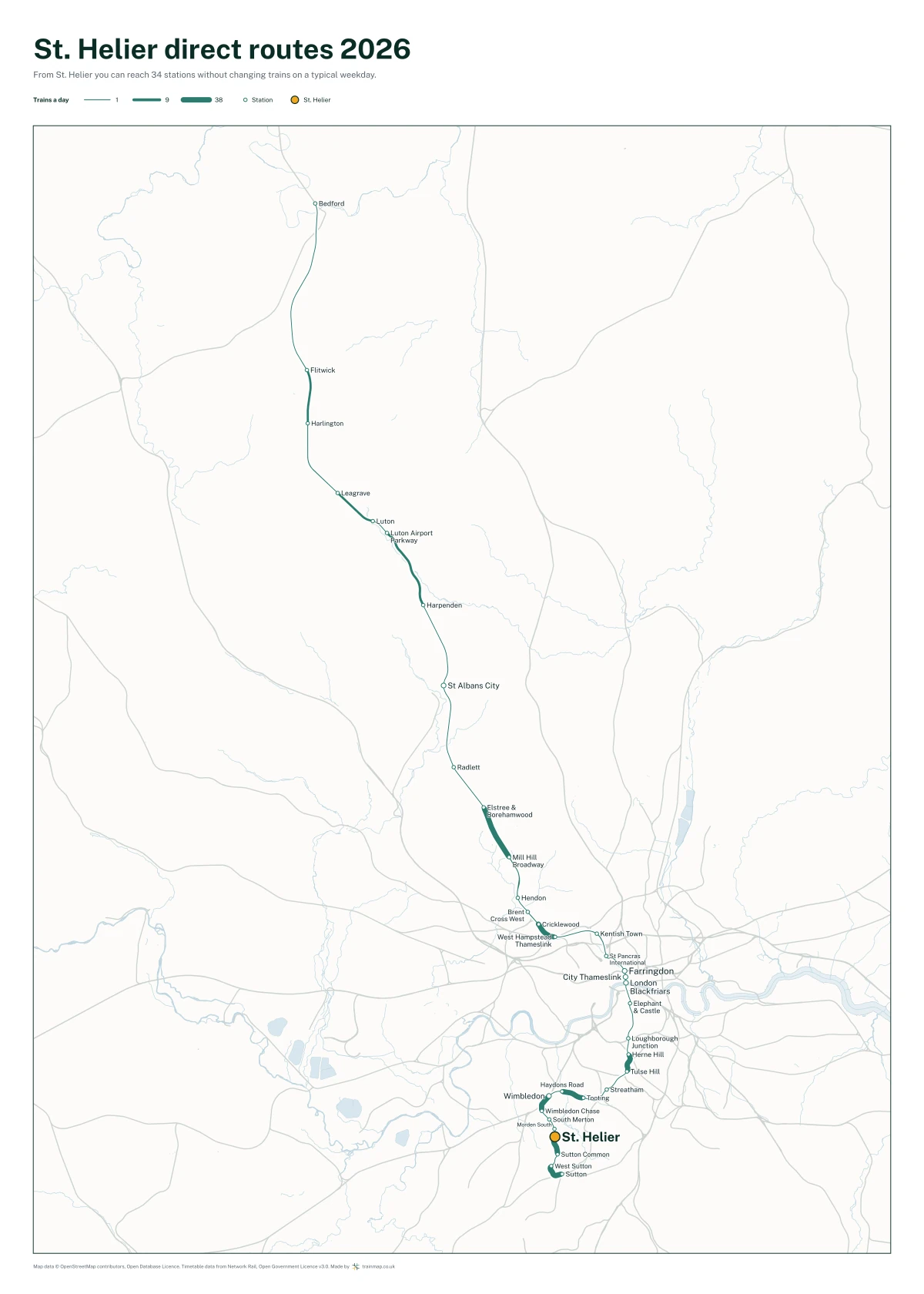 St. Helier direct routes 2026: a map of every station you can reach from St. Helier without changing trains, the lines thicker where more trains run