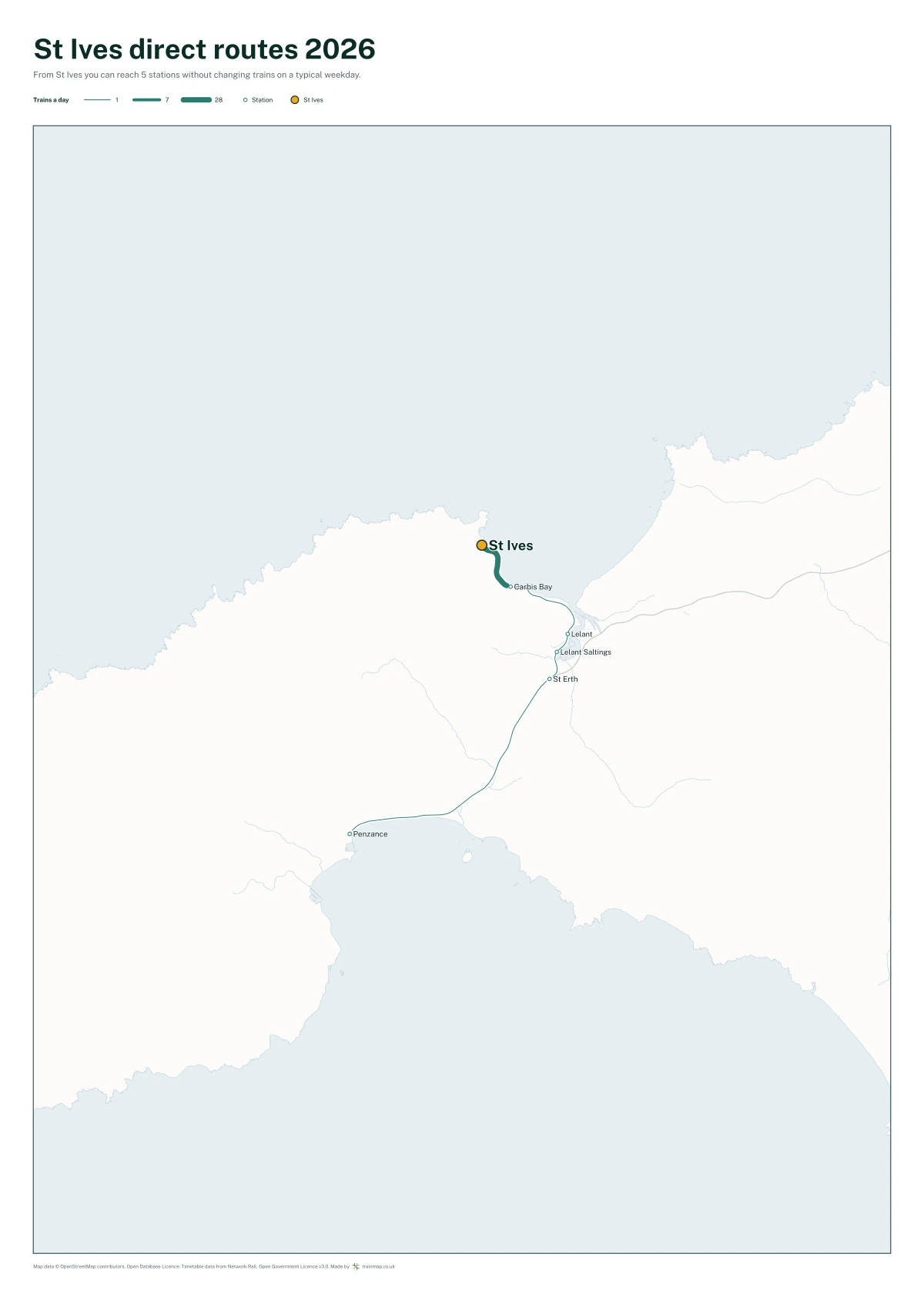 St Ives direct routes 2026: a map of every station you can reach from St Ives without changing trains, the lines thicker where more trains run