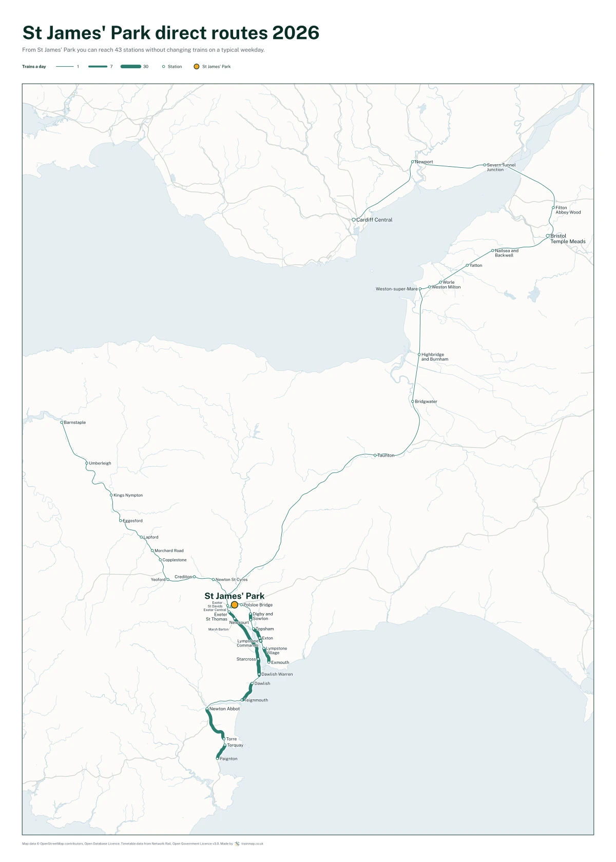 St James' Park direct routes 2026: a map of every station you can reach from St James' Park without changing trains, the lines thicker where more trains run