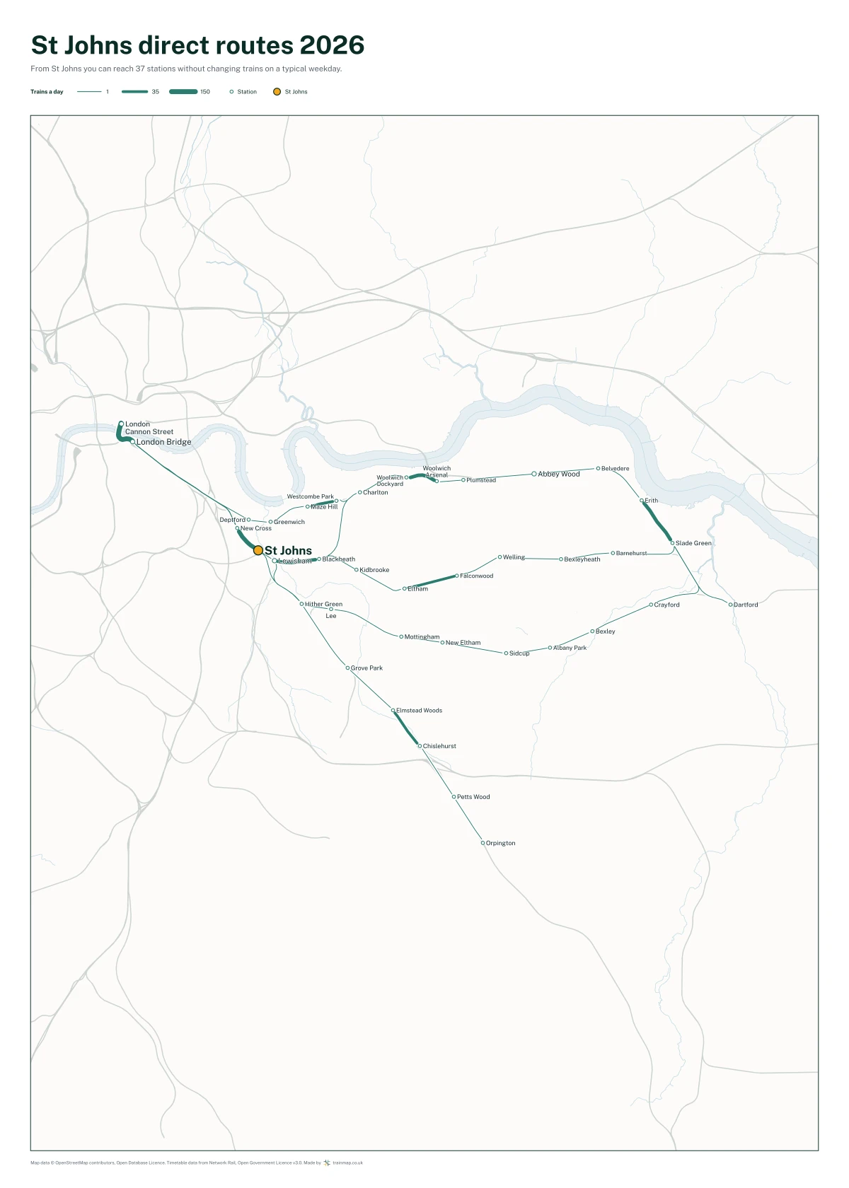 St Johns direct routes 2026: a map of every station you can reach from St Johns without changing trains, the lines thicker where more trains run