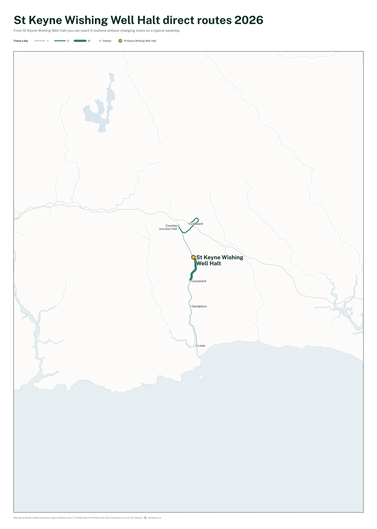 St Keyne Wishing Well Halt direct routes 2026: a map of every station you can reach from St Keyne Wishing Well Halt without changing trains, the lines thicker where more trains run
