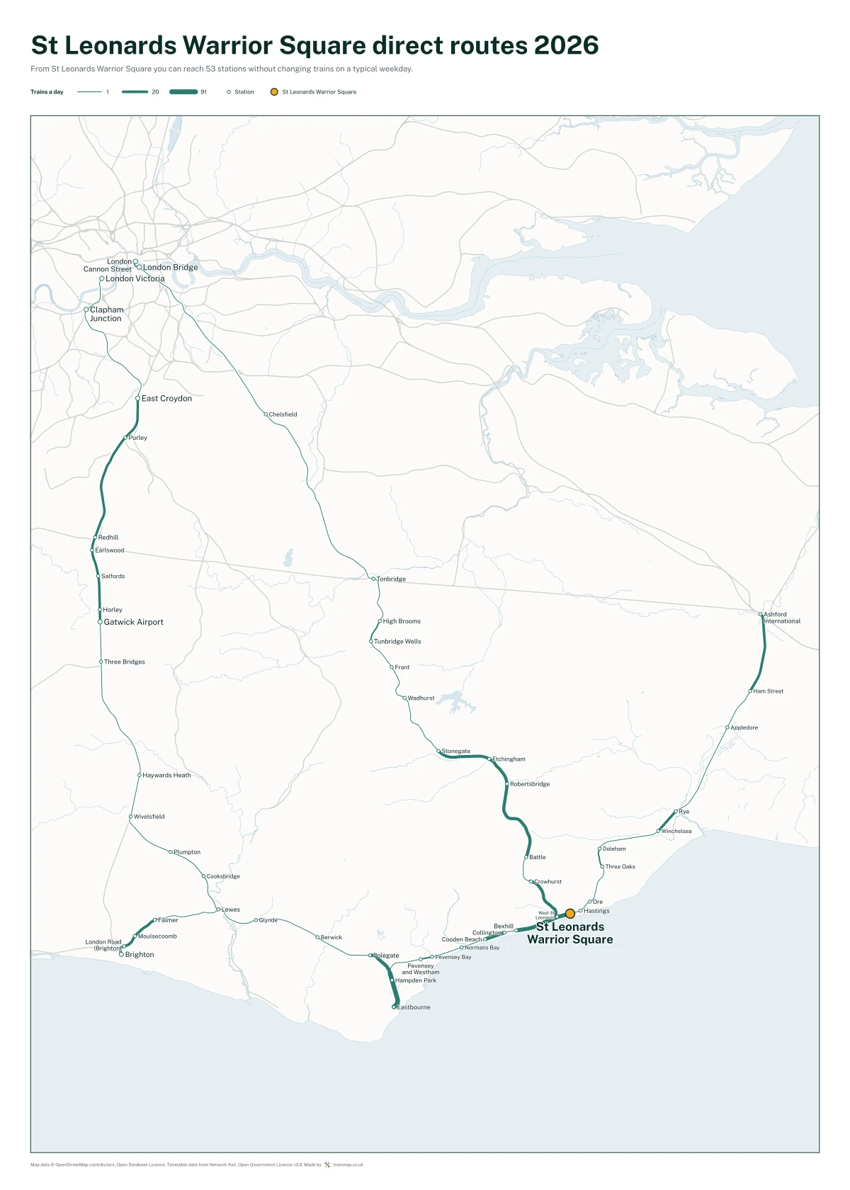 St Leonards Warrior Square direct routes 2026: a map of every station you can reach from St Leonards Warrior Square without changing trains, the lines thicker where more trains run
