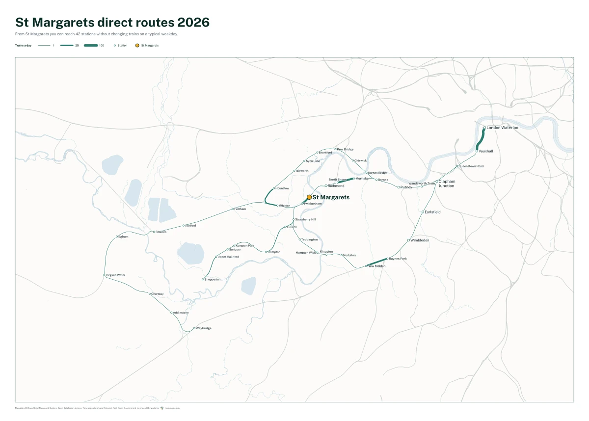 St Margarets (London) direct routes 2026: a map of every station you can reach from St Margarets (London) without changing trains, the lines thicker where more trains run