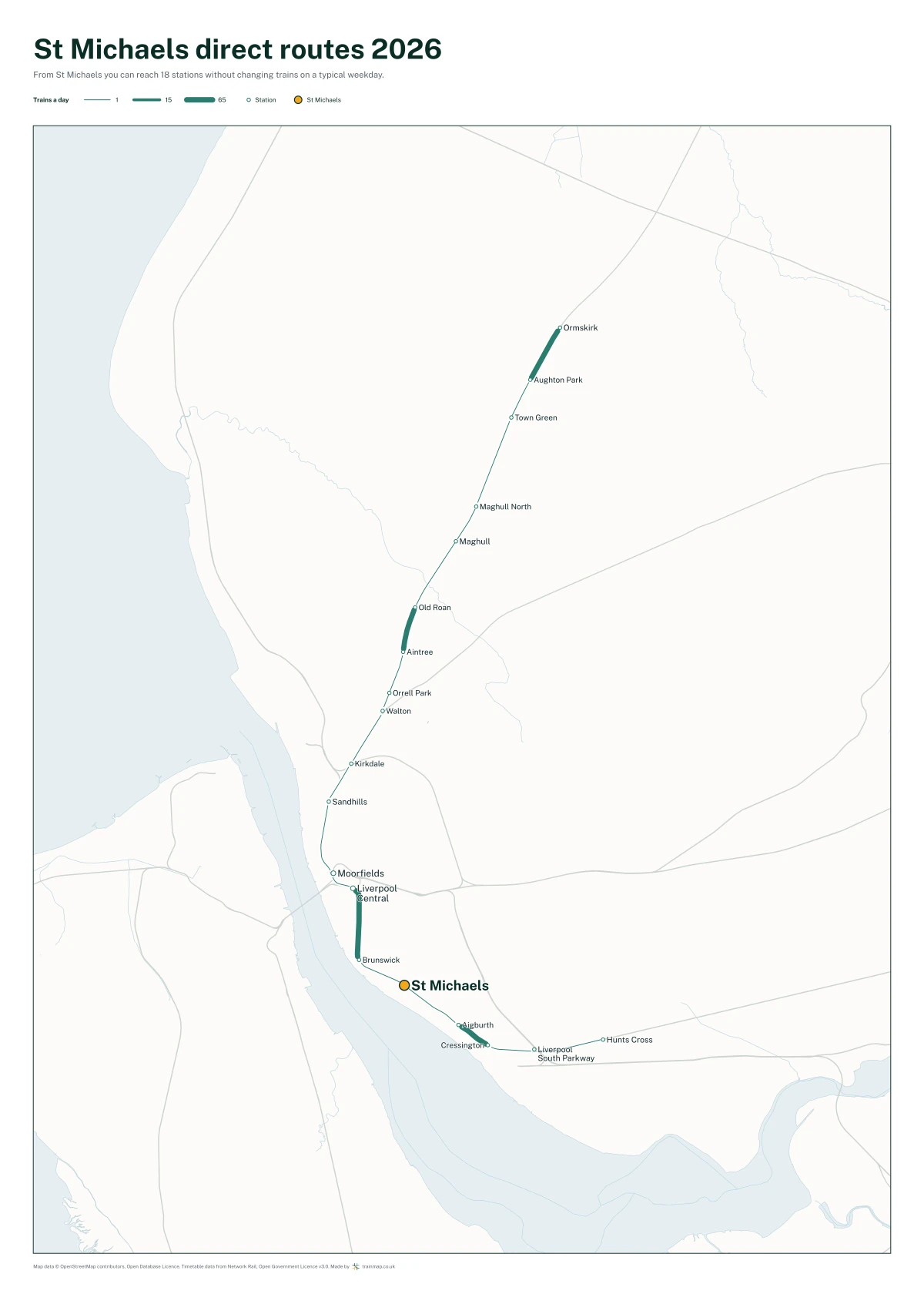 St Michaels direct routes 2026: a map of every station you can reach from St Michaels without changing trains, the lines thicker where more trains run