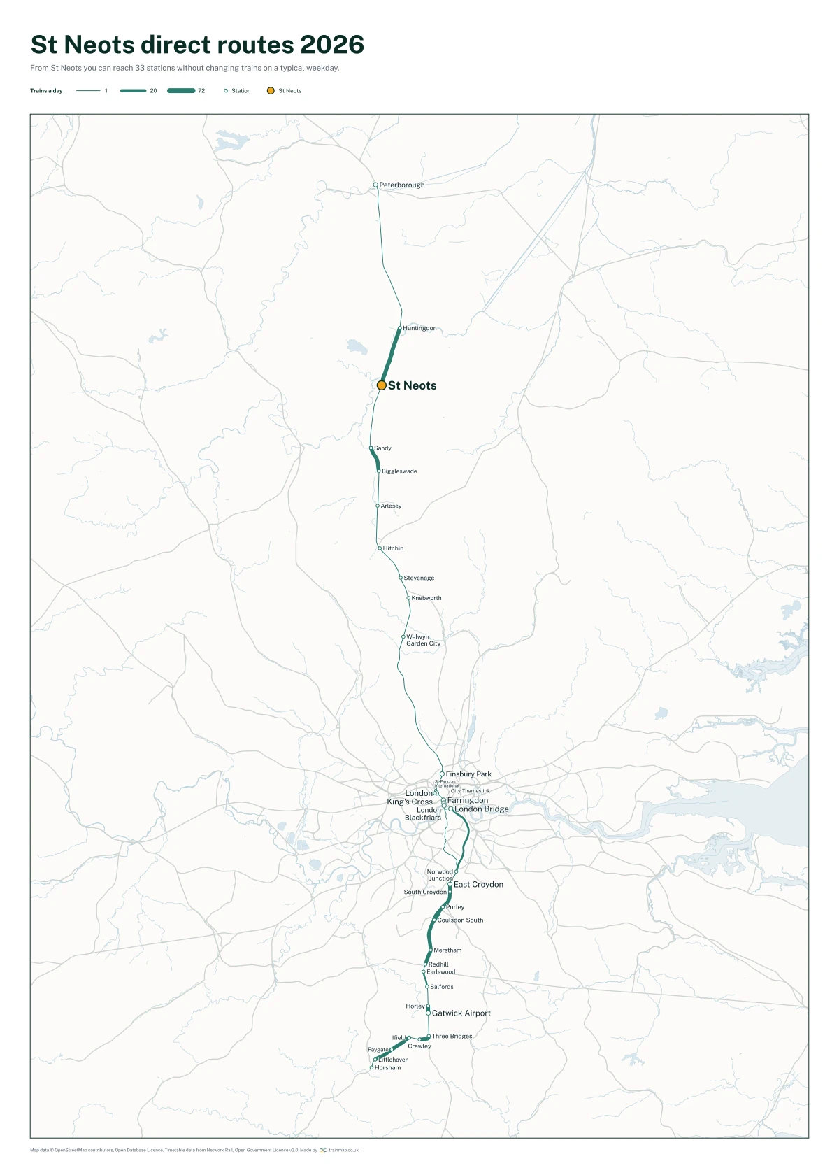 St Neots direct routes 2026: a map of every station you can reach from St Neots without changing trains, the lines thicker where more trains run