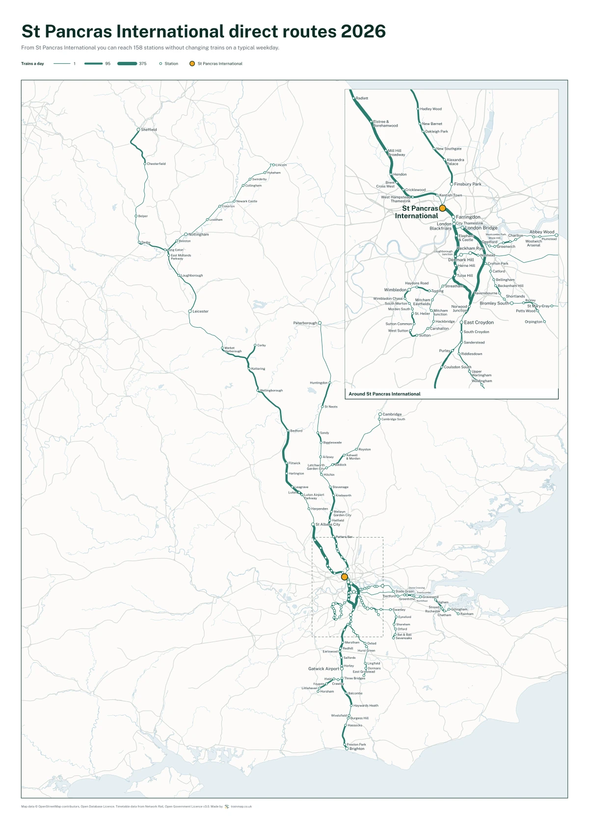St Pancras International direct routes 2026: a map of every station you can reach from St Pancras International without changing trains, the lines thicker where more trains run