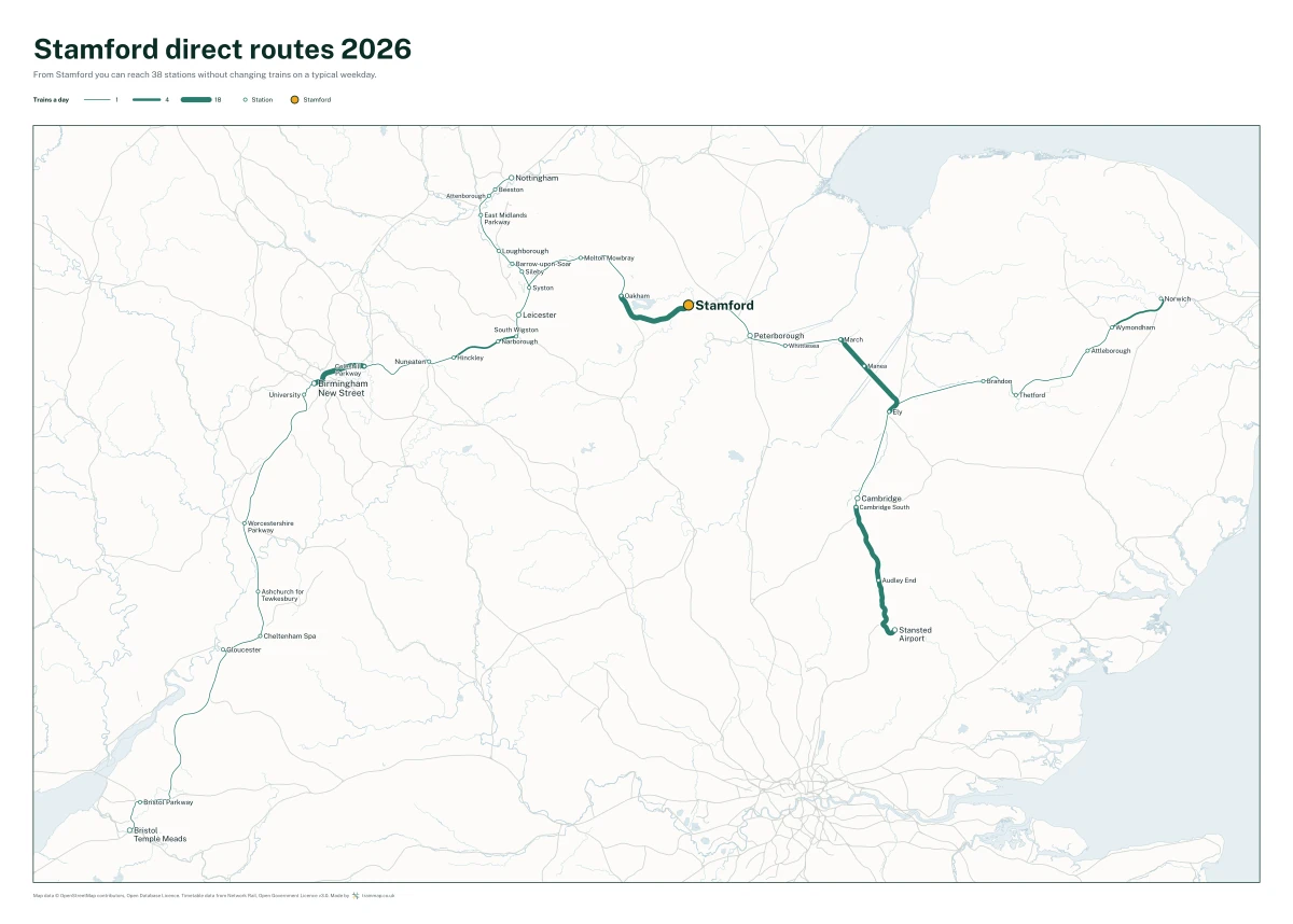Stamford direct routes 2026: a map of every station you can reach from Stamford without changing trains, the lines thicker where more trains run