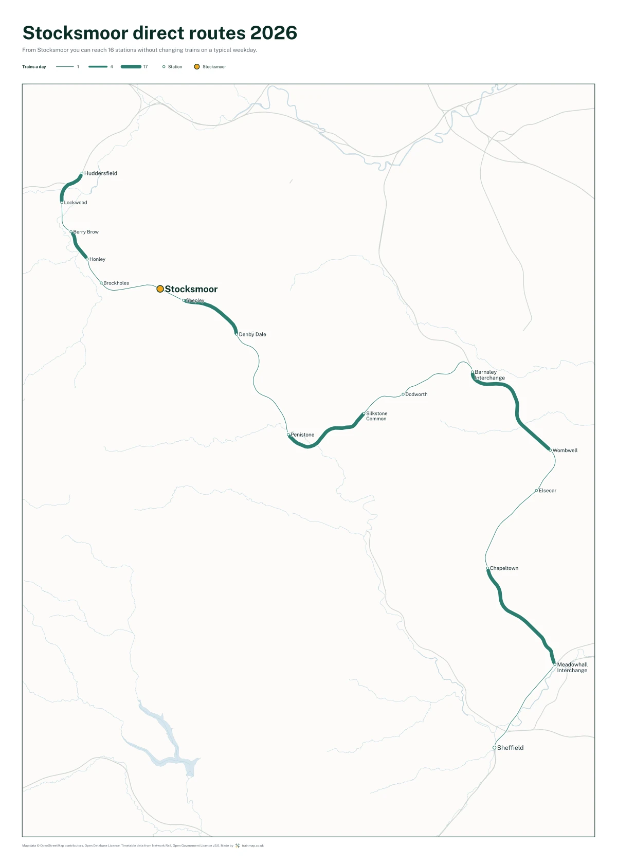 Stocksmoor direct routes 2026: a map of every station you can reach from Stocksmoor without changing trains, the lines thicker where more trains run