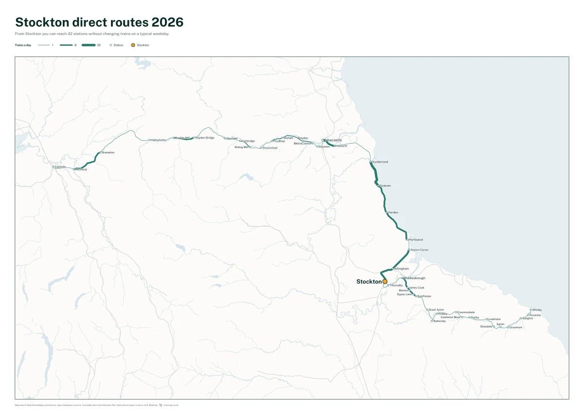 Stockton direct routes 2026: a map of every station you can reach from Stockton without changing trains, the lines thicker where more trains run